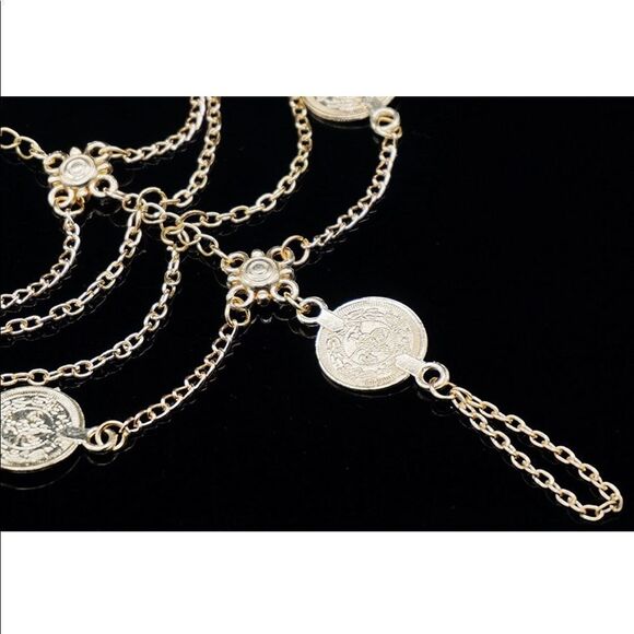 Yellow Gold Multilayered Adjustable Boho Coin Anklet Foot Chains - Set of 2 - Picture 4 of 6